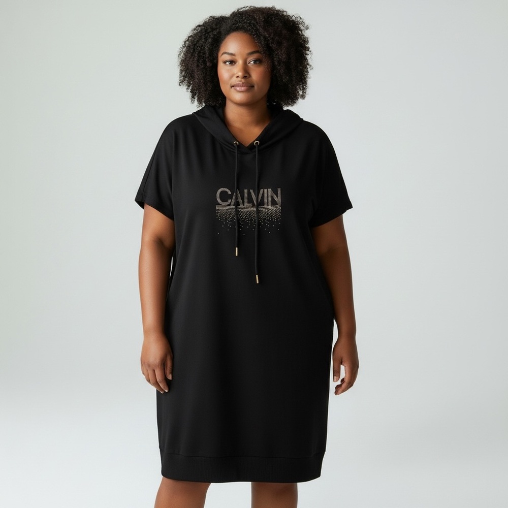 NWT Calvin Klein Logo Plus Size Short Sleeve Black Hoodie Dress 3X